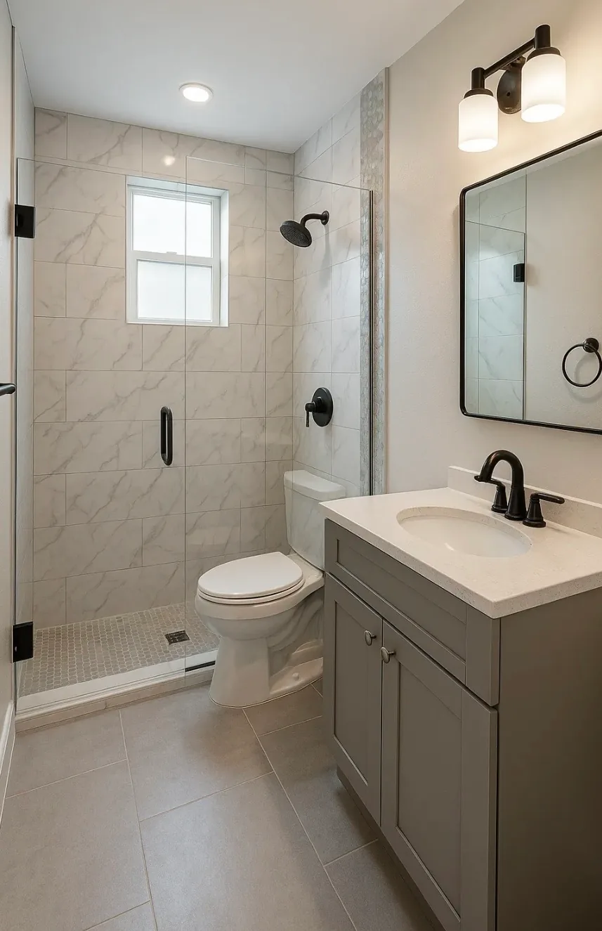 Bathroom remodel with gray vanity and walk-in shower