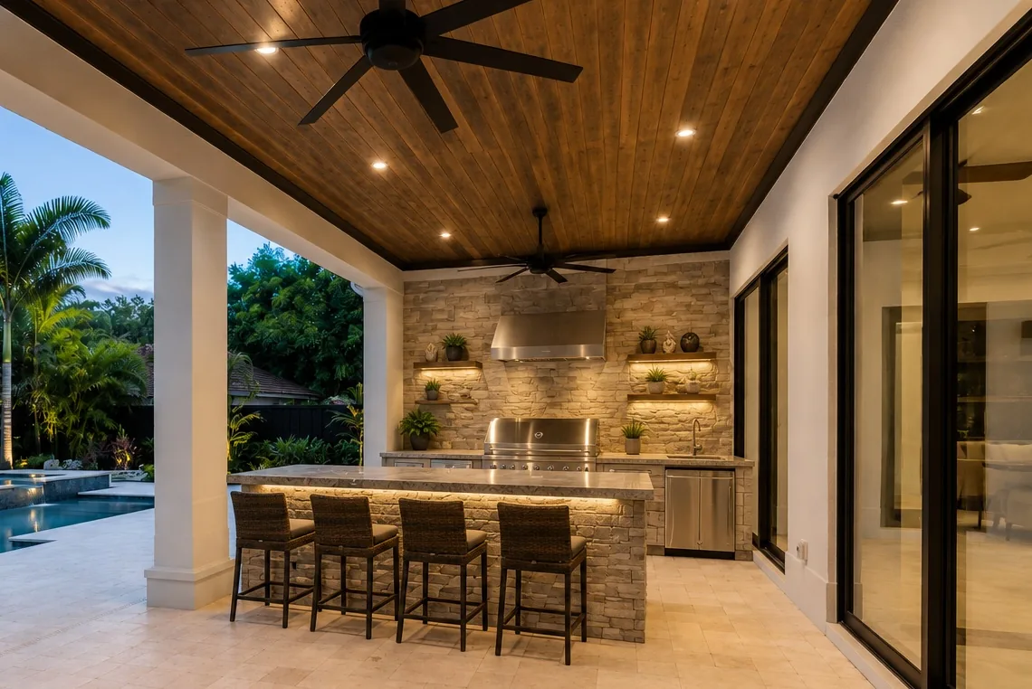 Custom outdoor kitchen and covered patio completed by Advanced Home Solutions in South Florida